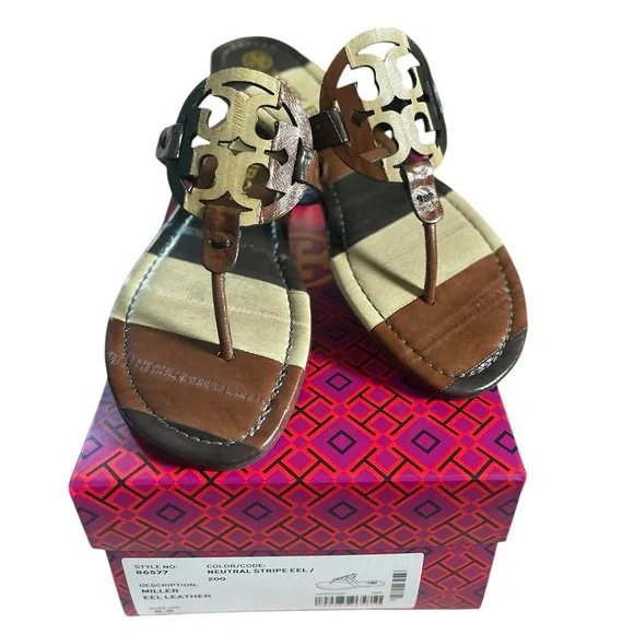 Tory Burch Miller Eel Leather Neutral Stripe Sandal - Picture 3 of 6